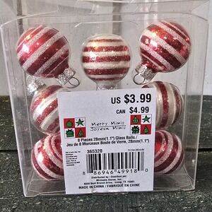 1" MINI Red & White Striped Glass BALL Christmas ORNAMENTS NEW Box of 8